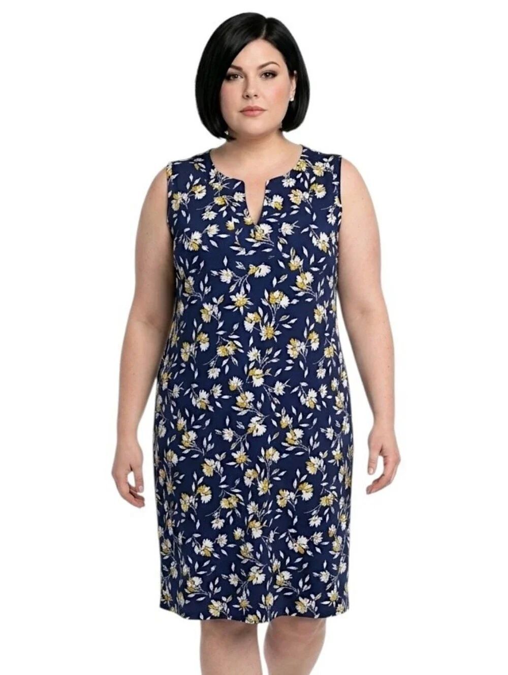 Lands' End Navy Floral Print Split V-Neck Sleeveless Cotton Shift Dress 3X